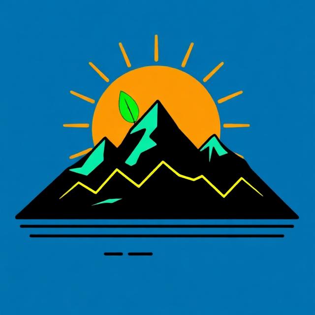 Flat illustration of a sun, mountain and leaf on a blue background