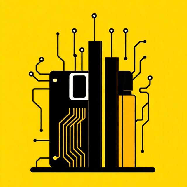 Flat illustration of circuits and a floppy disk on a yellow background