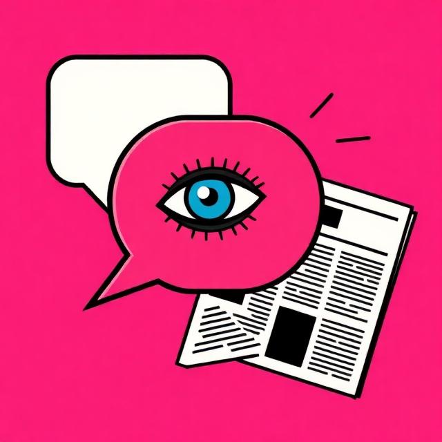 Flat illustration of speech bubbles, an eye and newsprint on a pink background