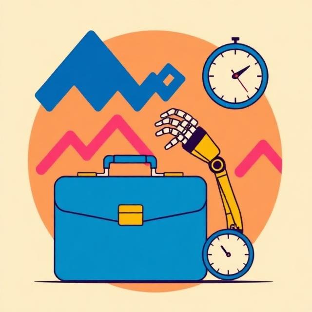 Flat illustration of a briefcase, robotic arm and clocks on a cream background