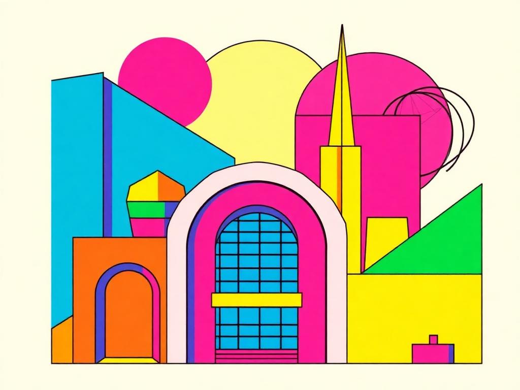 Geometric retro-future illustration of arches, grids and orbits in bold colours